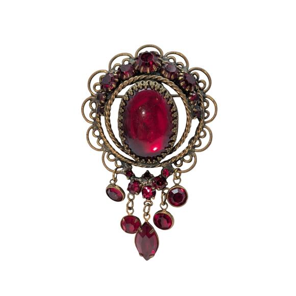 Vintage Possibly Unsigned Hobe Red Rhinestone Dangles Brooch - Picture 5 of 5